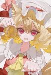  1girl animal_ears ascot blonde_hair cat_ears cat_girl collar ebi_mayopuri flandre_scarlet hat hat_ribbon highres mob_cap open_mouth red_eyes red_vest ribbon skirt skirt_set solo touhou upper_body vest white_hat yellow_ascot 