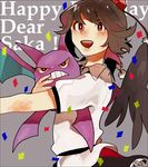  birthday black_hair black_wings blush confetti crobat damenaito gen_2_pokemon grey_background hat hug looking_at_viewer open_mouth pokemon pokemon_(creature) red_eyes shameimaru_aya short_hair smile teeth tokin_hat touhou wings yellow_sclera 