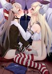 2girls absurdres amatsukaze_(kantai_collection) bad_id bad_pixiv_id black_panties blonde_hair blush cum cum_in_mouth cum_on_clothes elbow_gloves fellatio garter_straps gloves hair_ornament hairband hand_on_another's_head heart heart-shaped_pupils hetero highres kantai_collection long_hair multiple_fellatio multiple_girls no_shoes oral panties penis petite prophecy_(rakuichimonji) school_uniform shimakaze_(kantai_collection) silver_hair skirt skirt_removed striped striped_legwear symbol-shaped_pupils teamwork thighhighs two_side_up underwear white_gloves 