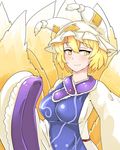  blonde_hair breasts hair_between_eyes hat highres impossible_clothes jitome large_breasts long_coat looking_at_viewer multiple_tails nobu_baka pillow_hat short_hair sideboob sleeves_past_wrists smile solo tabard tail tareme touhou wide_sleeves yakumo_ran yellow_eyes 