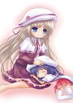  blonde_hair blue_eyes brown_hair cape hand_on_another's_head hat kotonoha_(pixiv) kud_wafter little_busters! long_hair mother_and_daughter multiple_girls naoe_kaya noumi_kudryavka sleeping sleeping_on_person 
