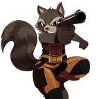  anthro boots claws clothing fist footwear fur guardians_of_the_galaxy gun looking_at_viewer male mammal marvel raccoon ranged_weapon rocket_raccoon sharp_claws sharp_teeth solo sssonic2 suit teeth weapon whiskers 