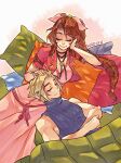  1boy 1girl aerith_gainsborough artist_name bare_shoulders blonde_hair blue_shirt braid braided_ponytail breasts brown_hair choker cleavage closed_eyes closed_mouth cloud_strife couple cropped_jacket crossed_arms dress final_fantasy final_fantasy_vii final_fantasy_vii_remake flower_choker gold_trim hair_bobbles hair_ornament hair_ribbon hand_in_another&#039;s_hair hand_on_another&#039;s_head hand_on_own_cheek hand_on_own_face hetero jacket kurohyn long_dress long_hair materia medium_breasts parted_bangs pillow pink_dress pink_ribbon red_jacket ribbon shirt short_hair short_sleeves sidelocks single_braid sleeveless sleeveless_turtleneck smile spiked_hair turtleneck under_covers upper_body 