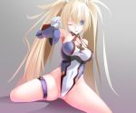  blonde_hair blue_eyes bradamante_(fate/grand_order) breasts commentary_request dutch_angle elbow_gloves esuai fate/grand_order fate_(series) frontal_wedgie gloves gradient gradient_background grey_background highleg highleg_leotard highres leotard long_hair looking_at_viewer looking_to_the_side medium_breasts multicolored_leotard sitting solo split spread_legs thigh_strap twintails very_long_hair wariza wedgie 