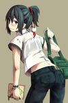  alternate_costume alternate_hairstyle ass bag black_hair book casual contemporary looking_at_viewer looking_back pants ponytail red_eyes sachi_(y0sh1sach1) shameimaru_aya short_hair smile solo touhou 
