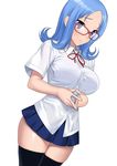  atago_kinue blue_eyes blue_hair blush glasses hands_together highres himematsu_school_uniform long_hair red-framed_eyewear saki shirt skirt solo suzume_inui thighhighs white_shirt zettai_ryouiki 