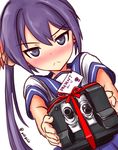  &gt;:( a9b_(louis814) akebono_(kantai_collection) bell blush flower frown gift hair_bell hair_flower hair_ornament highres jingle_bell kantai_collection long_hair looking_at_viewer machinery nose_blush purple_eyes purple_hair ribbon side_ponytail skull_and_crossbones solo tsundere turret v-shaped_eyebrows 