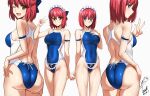 2girls absurdres apron ass blue_eyes blue_one-piece_swimsuit bow breasts brown_eyes closed_mouth frilled_apron frills hair_bow highleg highleg_one-piece_swimsuit highres hisui_(tsukihime) kohaku_(tsukihime) looking_at_viewer maid maid_apron maid_headdress multiple_girls multiple_views one-piece_swimsuit one_eye_closed racerback red_hair short_hair siblings sisters smile swimsuit tsukihime two-tone_one-piece_swimsuit unconventional_maid white_background yoo_tenchi 