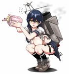  :3 backpack bag blue_hair breasts cannon flying_sweatdrops kantai_collection large_breasts long_hair no_bra open_mouth puffy_short_sleeves puffy_sleeves school_uniform serafuku shirt short_sleeves skirt solo squatting tears torn_clothes torn_shirt torn_skirt ushio_(kantai_collection) yaruku yellow_eyes 