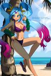  against_tree aqua_hair arcade_sona arm_warmers beach bikini blue_eyes breasts cleavage day drink earrings english flip-flops gradient_hair hair_ornament hairclip jewelry large_breasts league_of_legends long_hair multicolored_hair nail_polish navel neo-tk.. ocean palm_tree pink_hair sandals solo sona_buvelle star star_earrings swimsuit toes tree twintails very_long_hair 