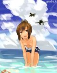  aircraft airplane breasts brown_eyes brown_hair cloud day i-401_(kantai_collection) kantai_collection leaning_forward nazunakku ocean open_mouth short_hair small_breasts solo standing topless wading 