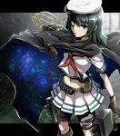  ammunition_belt black_hair blue_eyes cape ebiblue eyepatch eyepatch_removed gloves hat heterochromia kantai_collection kiso_(kantai_collection) machinery midriff navel remodel_(kantai_collection) solo torpedo yellow_eyes 