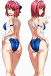  2girls apron ass blue_eyes blue_one-piece_swimsuit bow breasts brown_eyes closed_mouth frilled_apron frills hair_bow highleg highleg_one-piece_swimsuit highres hisui_(tsukihime) kohaku_(tsukihime) looking_at_viewer looking_back maid maid_apron maid_headdress multiple_girls multiple_views one-piece_swimsuit one_eye_closed racerback red_hair short_hair siblings sisters smile swimsuit tsukihime two-tone_one-piece_swimsuit unconventional_maid white_background yoo_tenchi 