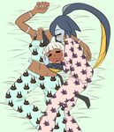  2girls alternate_costume animal_ears aqua_eyes blue_skin blush breasts cameltoe cat_ears cat_tail claws collarbone dark_skin eyes_closed fang fangs female fingernails fins fish fish_girl hair_ornament halter_top halterneck head_fins kamakachow minette_(skullgirls) monster_girl ms._fortune_(skullgirls) multiple_girls nadia_fortune open_mouth pajamas saliva scales scar severed_head shell short_hair skullgirls sleeping tail thighhighs white_hair yellow_sclera 