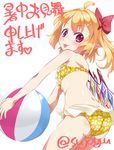  ass back beach bikini blonde_hair bow flandre_scarlet frilled_bikini frills hair_bow hair_ornament hairclip red_eyes side_ponytail solo sushoyushi swimsuit tongue tongue_out touhou trefoil wings yellow_bikini 