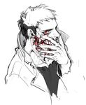  black_hair blood coat kenny_(poe90) looking_at_viewer male_focus one-punch_man red_eyes serious simple_background sketch solo white_background zombieman 