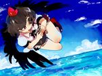  black_hair black_wings camera cloud damenaito day flying hat looking_down ocean open_mouth red_eyes shameimaru_aya short_hair sky smile solo tokin_hat touhou wings 