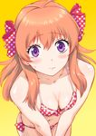  3: antenna_hair bare_shoulders bikini blush bow breasts cleavage collarbone eyebrows_visible_through_hair front-tie_top gekkan_shoujo_nozaki-kun hair_bow long_hair looking_at_viewer medium_breasts navel orange_hair polka_dot polka_dot_bikini polka_dot_bow polka_dot_swimsuit purple_eyes sakura_chiyo shiny shiny_skin side-tie_bikini simple_background solo sweatdrop swimsuit ueyama_michirou v_arms yellow_background 