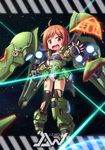  brown_eyes brown_hair elbow_gloves fingerless_gloves gloves gundam gundam_unicorn kshatriya langbazi mecha_musume personification short_hair solo thighhighs torn_clothes torn_legwear 