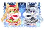  2girls :d :o animal_ear_fluff animal_ears bangs bell black_bow black_capelet black_footwear blonde_hair blush bow capelet chibi christmas commentary_request eyebrows_visible_through_hair fang fox_ears fox_girl fox_tail fur-trimmed_capelet fur-trimmed_sleeves fur_trim green_eyes green_hairband green_skirt grey_hairband grey_skirt hair_between_eyes hair_bow hairband holding holding_sack long_hair long_sleeves looking_at_viewer merry_christmas multiple_girls open_mouth original parted_lips purple_eyes red_bow red_capelet red_footwear sack shikito side_ponytail silver_hair skirt smile socks star tail very_long_hair white_legwear 