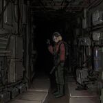  1girl backpack bag black_gloves black_hair bomber_jacket boots cable dark dark_background dark_room ear_protection full_body gloves green_pants green_theme gun_sling highres indoors industrial industrial_pipe jacket light_smile looking_at_viewer notfuji original painterly pants parted_bangs red_jacket rubber_boots safety_glasses solo standing v weapon_request wide_shot 