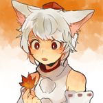  animal_ears autumn_leaves damenaito fang hat inubashiri_momiji open_mouth orange_background red_eyes short_hair tokin_hat touhou white_hair wolf_ears 