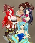  aqua_hair armor black_hair blue_eyes bodypaint braid breast_hold breastplate breasts brown_hair cleavage cover cover_page dark_skin detached_sleeves doujin_cover dress eyelashes eyeshadow forehead_jewel fur_trim green_eyes hair_over_one_eye hairpods hat highres irelia jewelry large_breasts league_of_legends licking_lips long_hair makeup midriff multiple_girls navel necklace nidalee pirate_hat ponytail red_eyes red_hair sarah_fortune scofa shoulder_armor shyvana single_braid sona_buvelle spaulders strap_slip strapless strapless_dress textless tongue tongue_out tooth_necklace twintails 