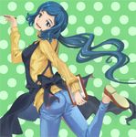  apron ass blue_eyes blue_hair clipboard denim from_behind gundam gundam_build_fighters iori_rinko long_hair looking_at_viewer looking_back miyo_(13th_floor) open_mouth pencil polka_dot polka_dot_background ponytail ribbed_sweater smile solo sweater very_long_hair 