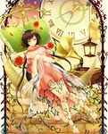  bad_id bad_pixiv_id barefoot black_hair clock closed_eyes dress flower flower_wreath hands_on_own_chest head_wreath highres hourglass knees_together_feet_apart lamp long_hair original petals phonograph pillow red_dress red_flower red_rose roman_numerals rose sakakidani scissors see-through sleeping solo star very_long_hair 