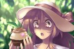  1girl brown_eyes brown_hair cupcake food hat john_su long_hair md5_mismatch original solo sparkling_eyes sprinkles sun_hat 