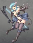  bare_shoulders black_panties blue_hair boots bow_(weapon) breasts center_opening demon_girl demon_tail demon_wings detached_collar elbow_gloves fishnet_legwear fishnets full_body gloves horns knee_boots leather leather_gloves medium_breasts navel o-ring open_mouth original outstretched_arm panties pointy_ears sasaame short_hair solo tail thighhighs underwear weapon wings yellow_eyes 