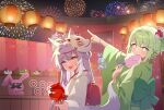  2girls aerial_fireworks ahoge animal_ear_fluff animal_ears aqua_eyes braid candy_apple chico_(yuzuha_riko) cotton_candy eating fang fireworks flower food fox_mask ggang_kong126 green_hair grey_hair grey_tail hair_flower hair_ornament hand_up hashtag-only_commentary heterochromia highres holding holding_candy_apple holding_cotton_candy holding_food inari_(tenko_shibuki) japanese_clothes jpeg_artifacts kimono lantern long_hair long_sleeves looking_to_the_side mask mask_on_head multiple_girls night night_sky obi open_mouth orange_eyes outdoors outstretched_arm outstretched_hand paper_lantern peto_(hanako_nana) pointing purple_eyes reaching reaching_towards_viewer sash sky smile star-shaped_pupils star_(symbol) stellive summer_festival symbol-shaped_pupils tenko_shibuki turning_head virtual_youtuber white_kimono yellow_pupils yuzuha_riko 
