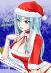  aqua_eyes aqua_hair blue_hair breasts cleavage hat large_breasts long_hair nemissa santa_costume santa_hat soul_hackers 