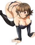  all_fours ass black_legwear black_panties breasts brown_eyes brown_hair chouhi_ekitoku cleavage collarbone detached_sleeves ikkitousen large_breasts panties short_hair simple_background solo thighhighs underwear white_background 