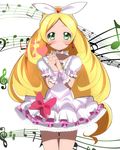  bass_clef beamed_eighth_notes blonde_hair blush choker cure_rhythm dress earrings eighth_note eyelashes frilled_dress frills green_eyes hair_ornament hair_ribbon hairband happy haru_(nature_life) heart jewelry long_hair looking_at_viewer magical_girl minamino_kanade musical_note precure puffy_sleeves quarter_note ribbon sharp_sign smile solo standing suite_precure treble_clef white_choker white_dress wrist_cuffs 