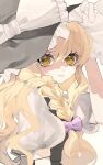  1girl apron blonde_hair bow braid closed_mouth ebi_mayopuri hair_bow hat hat_bow highres kirisame_marisa side_braid single_braid solo touhou waist_apron white_background white_bow witch_hat yellow_eyes 
