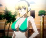  1girl blonde_hair blush bra breasts charles_bonaparte freezing_(series) highres large_breasts red_eyes short_hair smile solo standing stitched underwear 