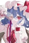 1girl absurdres alcohol ascot bat_wings blue_hair cup ebi_mayopuri hair_between_eyes hat hat_ribbon highres holding holding_cup mob_cap pink_hat red_ascot red_eyes remilia_scarlet ribbon short_hair solo touhou white_background wine wings wrist_cuffs 