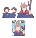  3boys akm antenna_hair assault_rifle bandaged_neck bandages blue_jacket brown_eyes brown_hair buttons character_name commentary_request cropped_torso drawstring eddsworld finger_on_trigger future_tord_(eddsworld) gold_buttons gun hair_behind_ear hair_horns hand_up highres holding holding_gun holding_weapon hood hood_down hoodie jacket kalashnikov_rifle layered_sleeves long_sleeves looking_at_another looking_at_viewer looking_back male_focus mjsc_10 multiple_boys name_tag parted_lips patryck_(eddsworld) paul_(eddsworld) poster_(object) red_eyes red_hoodie red_sweater ribbed_sweater rifle serious shirt short_hair simple_background sweater thick_eyebrows tord_(eddsworld) turtleneck turtleneck_sweater upturned_eyes weapon white_background 