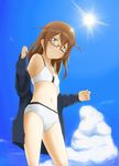  absurdres bikini brown-framed_eyewear brown_eyes brown_hair cloud day glasses highres jacket jacket_over_swimsuit kantai_collection ketagane long_hair looking_at_viewer mochizuki_(kantai_collection) navel semi-rimless_eyewear sky solo sun swimsuit under-rim_eyewear 