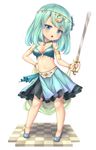  aqua_hair armlet bare_shoulders bikini_top blue_eyes bracelet breasts checkered checkered_floor chibi choker cleavage full_body hair_ornament hand_on_hip jewelry looking_at_viewer medium_breasts midriff navel o-ring o-ring_top open_mouth original sasaame short_hair simple_background skirt solo sword weapon white_background 
