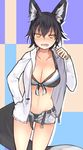  animal_ears belt belt_removed bikini black_hair blush breasts cleavage clothed clothing fang fangs female fox_ears fox_tail front-tie_top ganesagi hair hood hoodie human looking_at_viewer mammal midriff nanashi_(shirogane_usagi) open_mouth original shirogane_usagi short_hair short_shorts shorts slit_pupils solo swimsuit tail unbuttoned yellow_eyes 