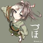  &gt;:) brown_eyes camouflage from_above grey_hair hachimaki hand_on_forehead hand_on_hip headband japanese_clothes kantai_collection looking_at_viewer muneate ponytail rabochicken sandals smile solo twitter_username v-shaped_eyebrows white_legwear wide_sleeves zuihou_(kantai_collection) 