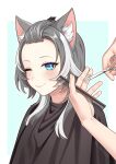  absurdres animal_ears blue_eyes cat_ears cipher_(honkai:_star_rail) comb cutting_hair grey_hair hair_ornament hairclip highres honkai:_star_rail honkai_(series) one_eye_closed salon_cape scissors smile yura_s_arts 