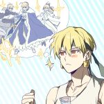  0304rong0304 1boy 3girls :&lt; armor armored_dress artoria_pendragon_(fate) blue_cape blue_dress cape clenched_hand commentary_request detached_sleeves diagonal-striped_background dress dual_persona earrings excalibur_(fate/stay_night) fate/grand_order fate_(series) fur-trimmed_cape fur_trim gilgamesh_(fate) gloves green_headband headband highres imagining jewelry korean_commentary long_dress motor_vehicle motorcycle multiple_girls planted planted_sword saber_(fate) saber_lily sparkle speech_bubble striped_background sword tank_top thought_bubble weapon white_gloves white_tank_top 