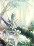  blue_hair butterfly_wings closed_eyes detached_sleeves flute hair_ornament instrument long_hair music ninjinshiru original playing_instrument pointy_ears sitting solo tree_branch wings 
