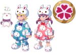 1boy 2girls animal_ear_headwear animal_ears animal_hat animal_print animal_slippers aqua_eyes arms_at_sides asgard bf._(sogogiching) blonde_hair blue_pajamas blue_pants blue_pupils blush bow buttoned_cuffs buttons clenched_hand closed_mouth collared_dress collared_pajamas crossover dress fake_animal_ears hair_bow hair_ribbon hat legs_apart low_twintails medium_hair multiple_girls nexon nightgown official_art pajamas pants petticoat pink_dress production_art purple_eyes purple_hair purple_pupils rabbit_ears rabbit_hat rabbit_print red_ribbon ribbon sailor_collar second-party_source shield short_hair simple_background sleeve_cuffs slippers smile standing twintails usadango white_background white_sailor_collar white_slippers 