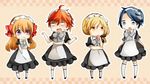  3girls alternate_costume apron chibi crossdressing enmaided gekkan_shoujo_nozaki-kun kashima_yuu long_hair maid maid_apron maid_headdress mikoshiba_mikoto multiple_girls sakura_chiyo sakurase_gumi seo_yuzuki short_hair 