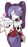  1girl blown_kiss blue_skin blush detached_collar detached_sleeves dress eyes_closed hair_over_one_eye heart inarou_(rakugakiproject) purple_hair skull skullgirls solo squigly_(skullgirls) stitched_mouth twintails zombie 