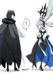  1boy 1girl arthropod_boy black_bow black_dress black_hair blue_eyes boots bow braid breasts bug cape centipede cleavage crown diamond_hairband dress fate/grand_order fate_(series) fur-trimmed_cape fur_trim grey_hair hair_bow half_up_braid high_heel_boots high_heels highres holding holding_polearm holding_weapon insect_wings ki_wa001 large_breasts long_hair long_sleeves medium_hair morgan_le_fay_(fate) oberon_(fate) oberon_(third_ascension)_(fate) polearm ponytail sidelocks simple_background translation_request very_long_hair weapon white_background wings 